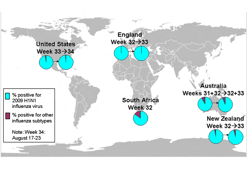 Int082809 World Map Showing Flu Strain Distribution Week 34