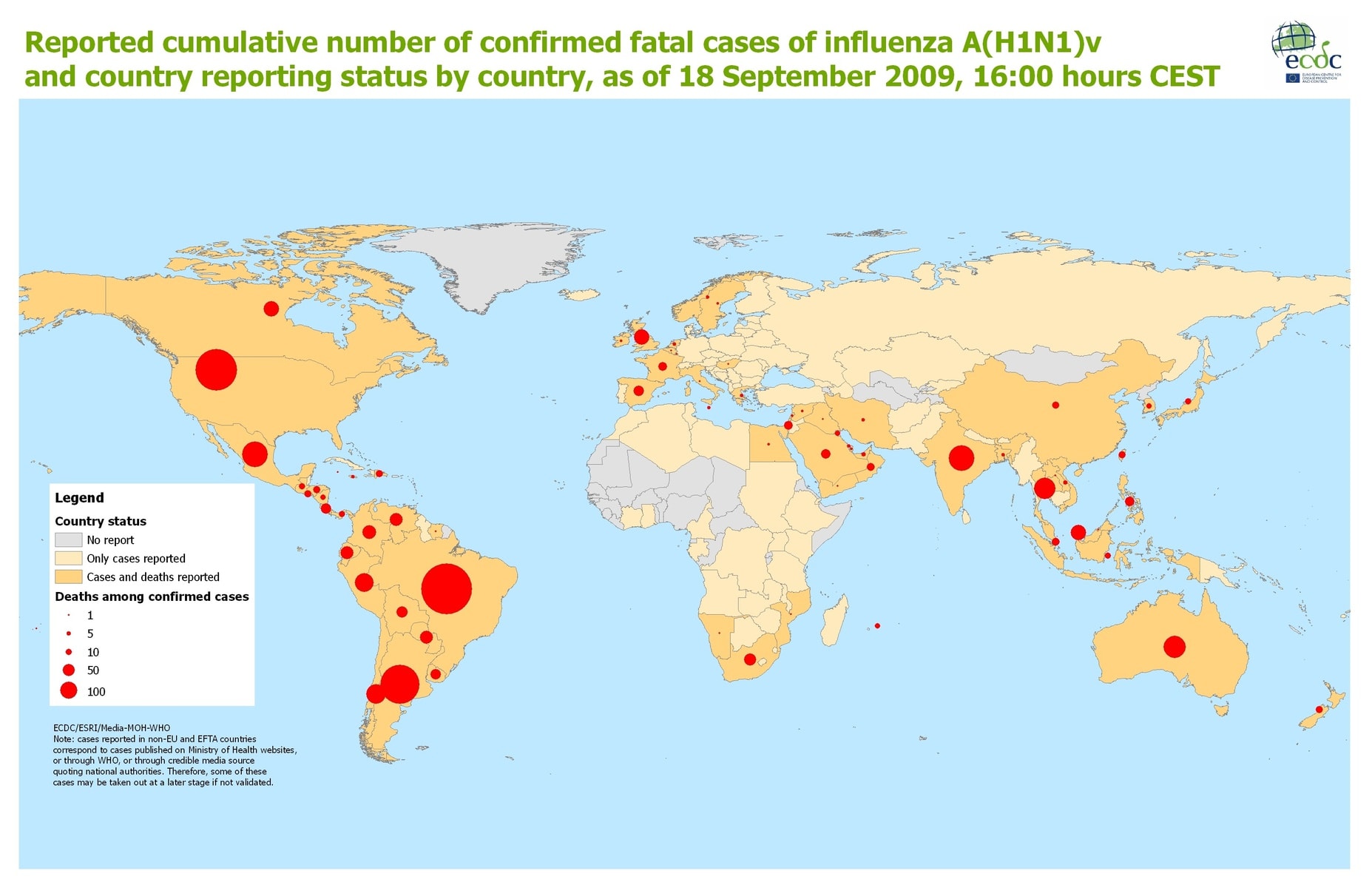 World_Map_Web Reported Cumulative Number Of Confirmed Fatal Cases Of Influenza A(H1N1)V And Country Reporting Status By Country.
