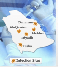 This Is An Image From The Kingdom Of Saudi Arabia (Ksa) Ministry Of Health (Moh) Health Portal Website Showing A Country Map Noting The Locations Of Cases Within The Country.