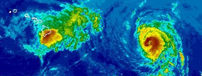 This Composite Satellite Photos Shows Tropical Storm Iselle Moving Over The Big Island And Hurricane Julio In The Central Pacific Early Friday Morning.