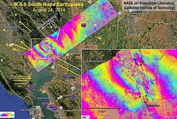 Data Collected Five Days After The Magnitude-6.0 Napa Earthquake On Aug. 24 Determined That The Surface Rupture Was Complex, With Multiple Fault Offsets Near The Quake Epicenter. Each Colored Contour In The Image Represents About 12 Centimeters Of Ground Displacement. Nasa/Jpl
