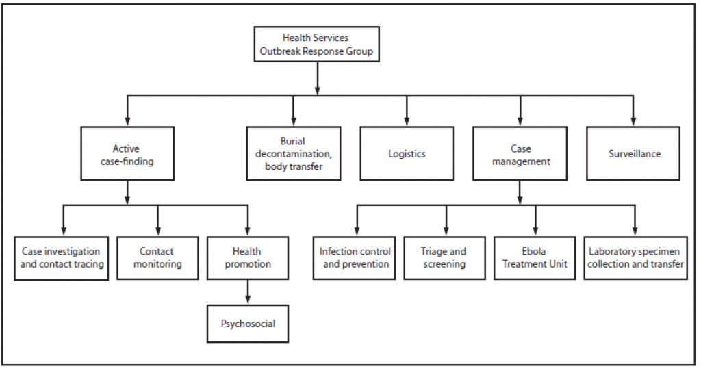 The figure above is an organization chart for the Firestone Health Services Ebola Outbreak Response Group. On March 31, 2014, following the report of the first Ebola case diagnosed in the Firestone plantation, the company established an incident management system to coordinate a comprehensive response to the outbreak using the existing organizational framework of the company in Liberia.